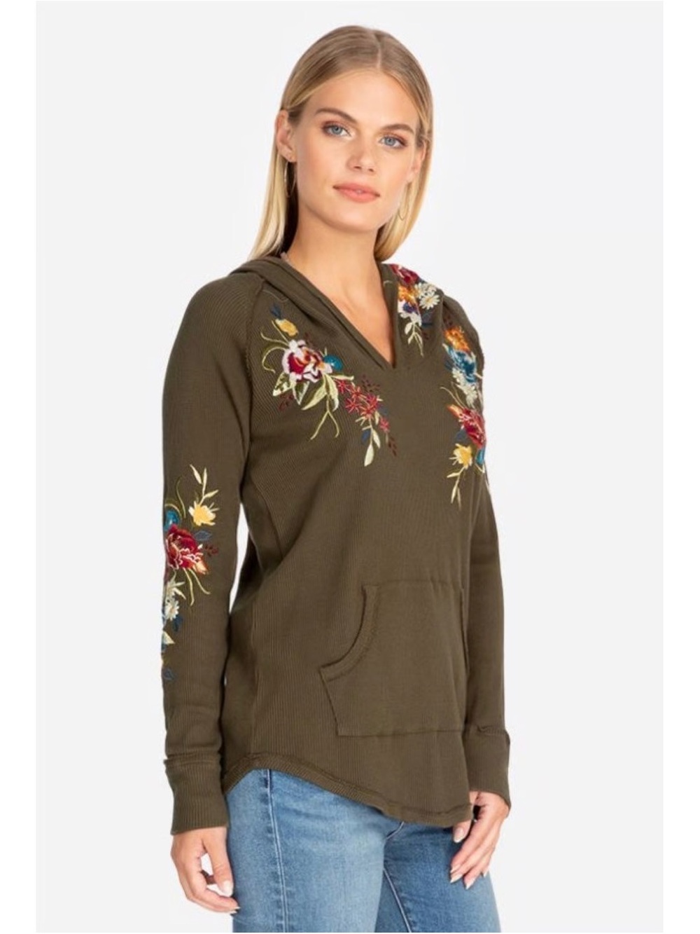JOHNNY WAS Embroidered Waffle Knit Thermal Hoodie